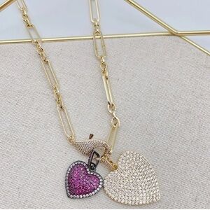 Treasure Jewels Double Pave Gold and Pink Heart Pendant Necklace